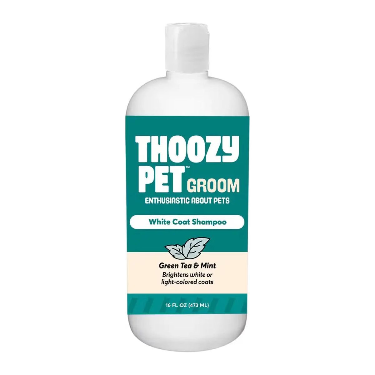 ThoozyPet White Coat Shampoo Green Tea & Mint 16oz—ideal for white or light-colored pets—brightens, enhances coats, and leaves a fresh scent. Features green and teal labels on a white ThoozyPet bottle (16 fl oz/473 ml).