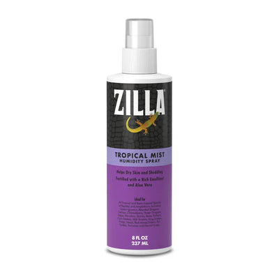 An 8 fl oz (237 ml) RSC Tropical Mist Humidifying Spray (Zilla), with black and purple design, helps provide moisture and shedding care for tropical reptiles.