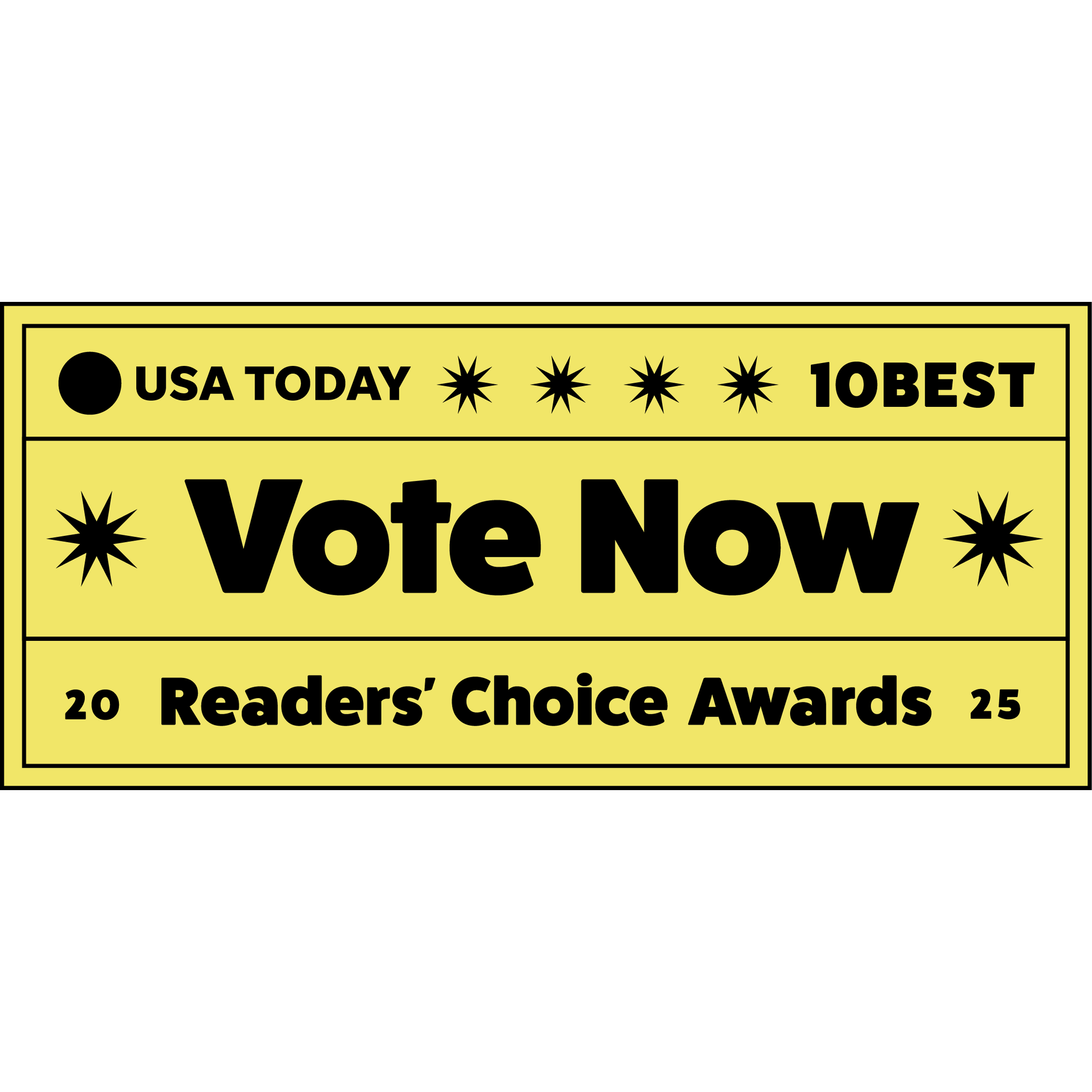 Yellow banner with black text: VOTE NOW for Talis-us as the Best Pet Store by USA TODAY 2025—Readers’ Choice Awards. Features Talis Us, starburst graphics, and a border.