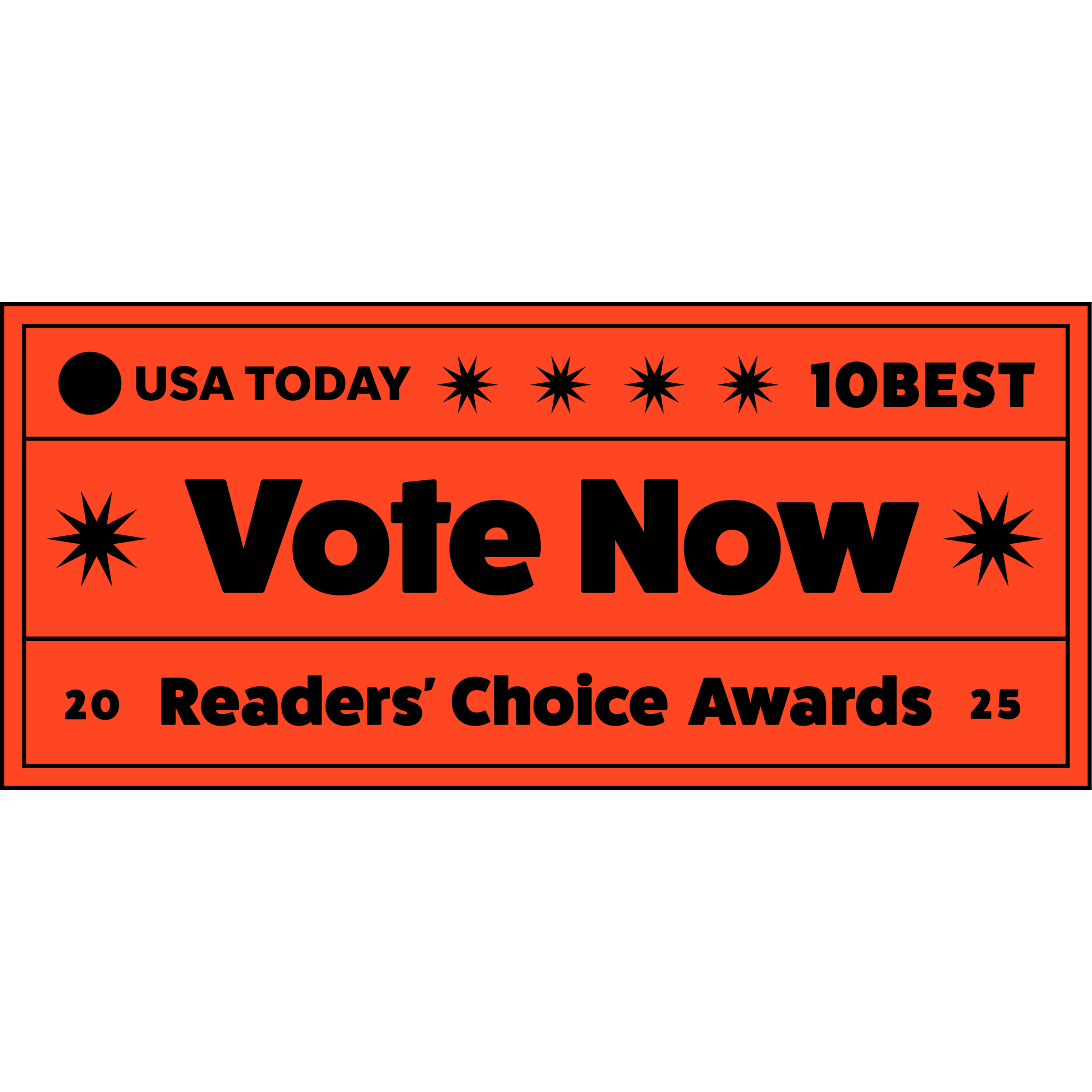 Bright orange banner with black stars features “VOTE NOW for Talis-us as the Best Pet Store by USA TODAY 2025” and bold black text urging readers to support Talis Us in the USA TODAY Readers’ Choice Awards.