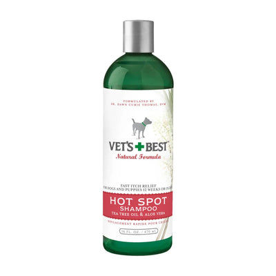 A green and white 16 fl oz bottle of Vets Best Hot Spot Shampoo for dogs offers fast-acting itch relief with natural ingredients like tea tree oil and aloe vera.