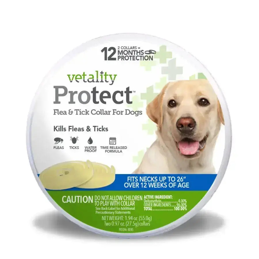 Vetality Protect flea and tick collar for dogs in package, designed to kill fleas and ticks for 12 weeks