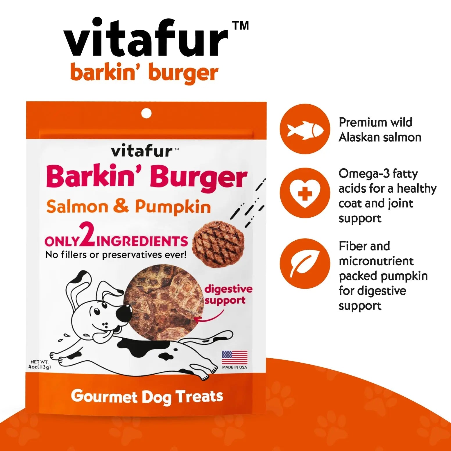Vitafur Barkin Burger Salmon & Pumpkin Dog Treat 4 oz Vitafur