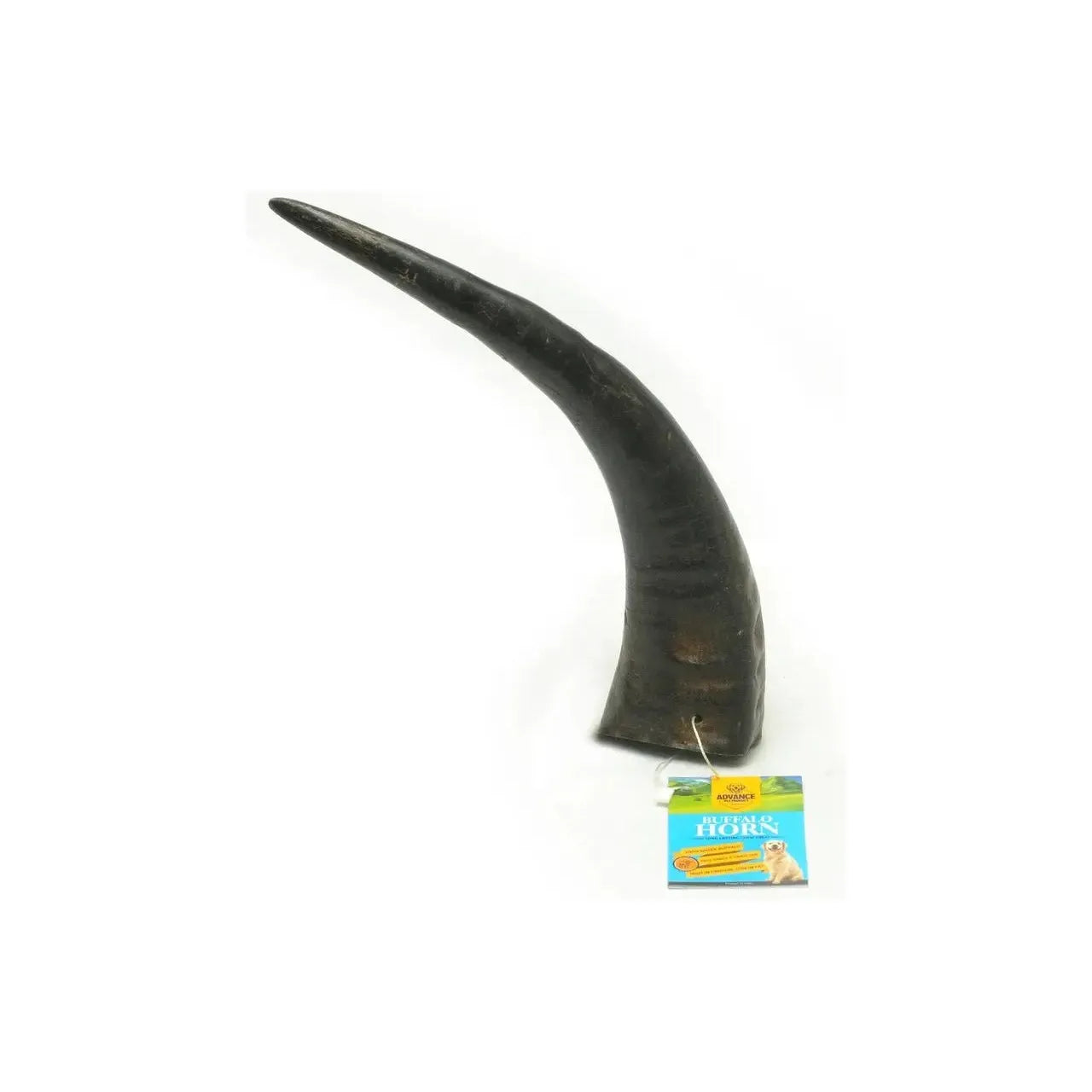 A single Advance Pet Products Water Buffalo Horn Chew for Aggressive Chewers is shown upright on a white background, with a blue and yellow product tag attached—an all-natural, long-lasting treat.