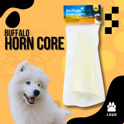 A fluffy white dog sits next to Advance Pet Products Water Buffalo Horn Core Chew for Healthy Teeth on a yellow background with black accents, bold “Buffalo Horn Core” text, and a paw print logo—ideal for natural chewing satisfaction.
