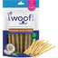 A bag of Woof Island Coconut Sticks - All Natural Rawhide Free Dog Chews for Healthy & Happy Pups is shown, with chews visible through a window and several twist sticks in front beside a halved coconut. From Woof Island.