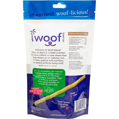 A vibrant bag of Woof Island Coconut Sticks - All Natural Rawhide Free Dog Chews for Healthy & Happy Pups displays tropical-themed design, product details, natural ingredients, guaranteed analysis, calorie info, and oral health benefits.