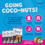 Promotional image for Woof Island Coconut Sticks – All Natural Rawhide Free Dog Chews – features four packs, coconuts, and icons highlighting high-quality, delicious flavor, oral health support, real coconut, and rawhide-free benefits.