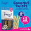 A package of Woof Island Coconut Sticks - All Natural Rawhide Free Dog Chews by Woof Island is displayed with several chews, a halved coconut, and text noting 5 inch sticks, 12 pieces, and light chew for small and medium dogs oral health.