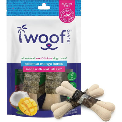 A package of Woof Island Coconut and Mango Bones with Fish Skin All Natural by Woof Island, showing images of treats, coconut, mango, and claims like rawhide-free chews that help support dog dental hygiene on the front.