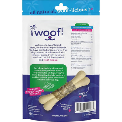 Back of Woof Island Coconut and Mango Bones with Fish Skin All Natural dog treat package, highlighting all-natural ingredients, nutritional benefits, and dental support. Design features light blue, purple, and green accents. Brand: Woof Island.