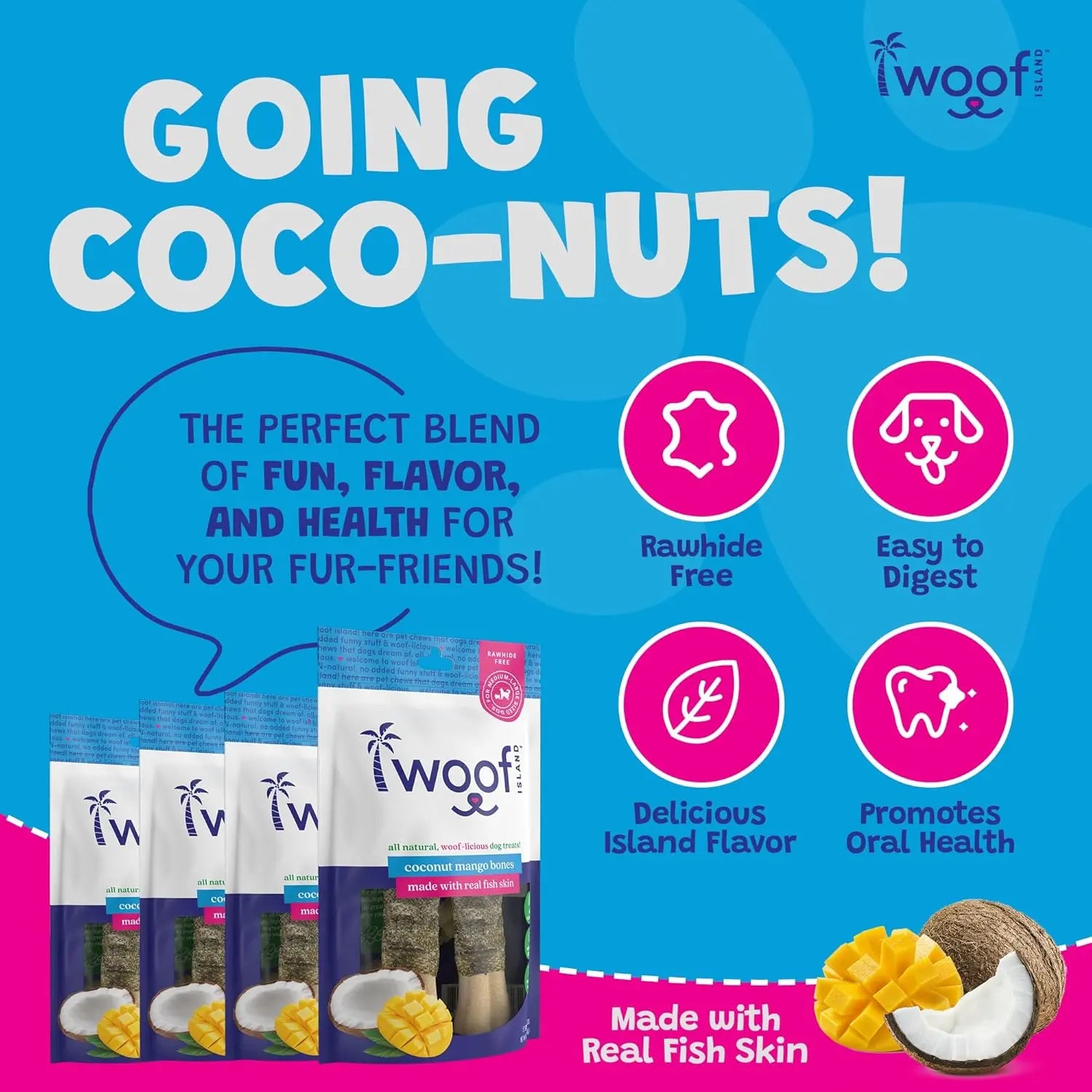Promotional image for Woof Island Coconut and Mango Bones with Fish Skin All Natural, showing four packs of these rawhide-free chews, icons for easy digestion, island flavor, oral health benefits, plus mango and coconut images.