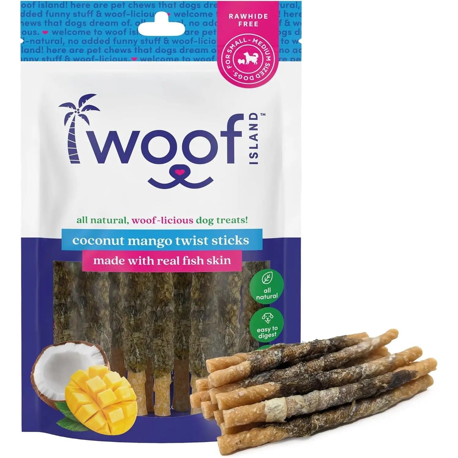 A bag of Woof Island Coconut and Mango Sticks Dog Treats with Fish Skin is shown, with several dental chews in front. The treats are all-natural and rawhide-free, made by Woof Island for dogs.