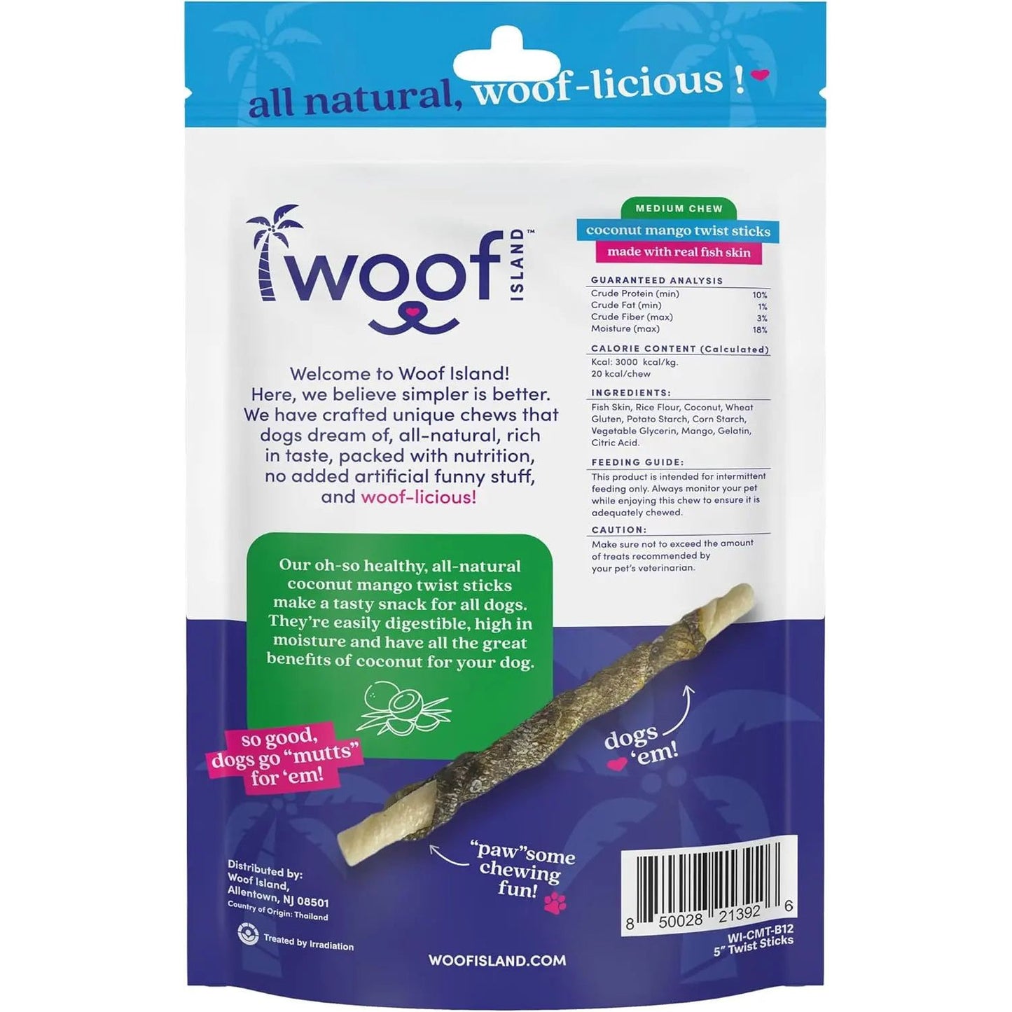 The back of a Woof Island Coconut and Mango Sticks Dog Treats with Fish Skin bag shows product details, guaranteed analysis, ingredients, feeding guide, playful blue and purple branding, and an image of these Dental Health Dog Chews.