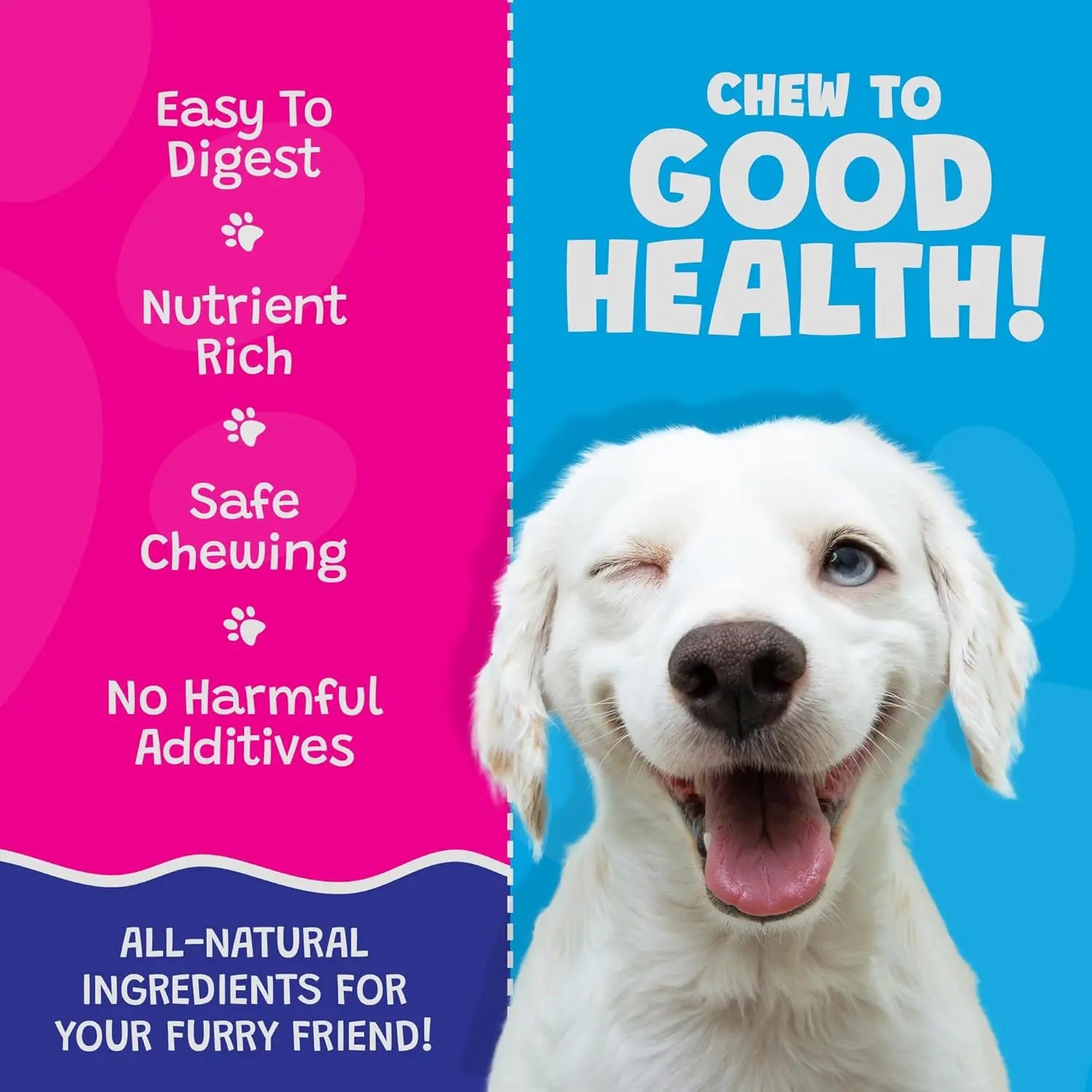 A cheerful white dog winks as bold text highlights Woof Island Coconut and Mango Sticks Dog Treats with Fish Skin—nutrient-rich, additive-free, easy to digest, and great for dental health. Playful fonts pop on a pink and blue backdrop.