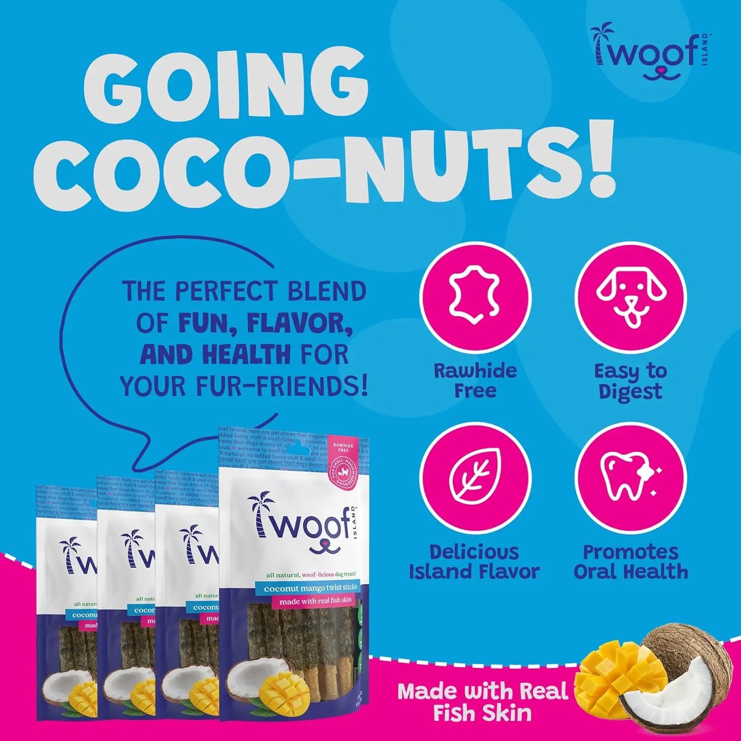 Promotional image for Woof Island Coconut and Mango Sticks Dog Treats with Fish Skin. Shows product packs, coconut and mango, and icons for rawhide free, easy digestion, island flavor, and dental health benefits. Brand: Woof Island.
