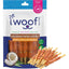 A bag of Woof Island Healthy Rawhide Free Coconut and Chicken Chews for Dogs features chicken-wrapped sticks, coconut pieces, and treats, with packaging promoting their all-natural, rawhide-free benefits for small to medium dogs.