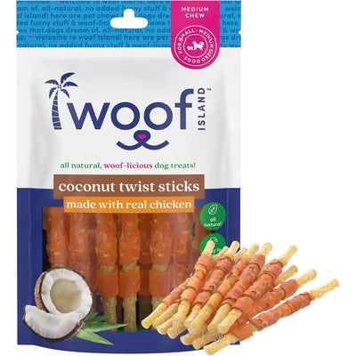 A bag of Woof Island Healthy Rawhide Free Coconut and Chicken Chews for Dogs features chicken-wrapped sticks, coconut pieces, and treats, with packaging promoting their all-natural, rawhide-free benefits for small to medium dogs.