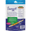 Back of Woof Island Healthy Rawhide Free Coconut and Chicken Chews for Dogs package by Woof Island with product info, guaranteed analysis, feeding guide, calorie content, and description of these all-natural rawhide-free chews made with real chicken. Purple with green/blue accents.