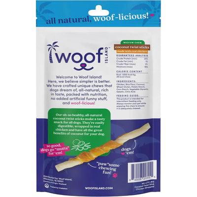 Back of Woof Island Healthy Rawhide Free Coconut and Chicken Chews for Dogs package by Woof Island with product info, guaranteed analysis, feeding guide, calorie content, and description of these all-natural rawhide-free chews made with real chicken. Purple with green/blue accents.