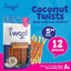 A bag of Woof Island Healthy Rawhide Free Coconut and Chicken Chews for small and medium dogs, showing all-natural chews, coconut, 5 sticks, 12 pieces, and a rawhide alternative on a blue background. Brand: Woof Island.