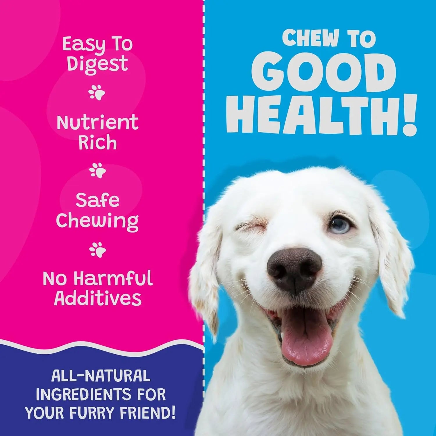 A happy white dog winks with its tongue out beside text promoting Woof Island Healthy Rawhide Free Coconut and Chicken Chews for Dogs—an all-natural, rawhide-free, nutrient-rich treat that’s easy to digest and contains no harmful additives.