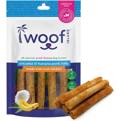 A package of Woof Island Long Lasting Natural Pork Rolls with Banana and Chicken for Dogs of All Sizes is pictured, featuring illustrated bananas and chicken on the bag. Three rawhide-free rolls are displayed beside the package.