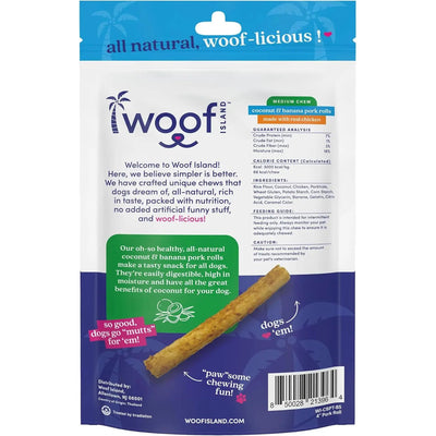 A colorful bag of Woof Island Long Lasting Natural Pork Rolls with Banana and Chicken for dogs of all sizes, highlighting rawhide-free treats, natural ingredients, nutrition facts, and playful phrases like woof-licious!.