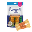 Woof Island Natural Coconut Bones with Chicken Healthy Dog Snacks come in a white and blue bag decorated with coconut and bone images. These all-natural, rawhide-free treats offer a hard chew for dogs and are made with real chicken.