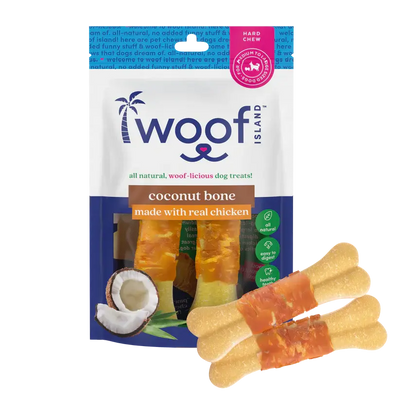 Woof Island Natural Coconut Bones with Chicken Healthy Dog Snacks come in a white and blue bag decorated with coconut and bone images. These all-natural, rawhide-free treats offer a hard chew for dogs and are made with real chicken.