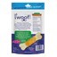 Back of a Woof Island package with vibrant pink, blue, and green accents. Features Woof Island Natural Coconut Bones with Chicken—rawhide-free, all-natural dog snacks—with product details and a tempting image of the treat.