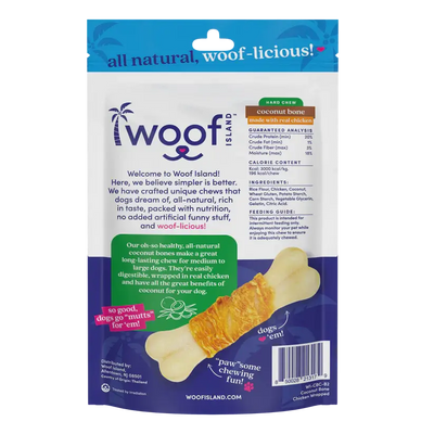 Back of a Woof Island package with vibrant pink, blue, and green accents. Features Woof Island Natural Coconut Bones with Chicken—rawhide-free, all-natural dog snacks—with product details and a tempting image of the treat.