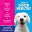 A happy white dog winks beside text for Woof Island Natural Coconut Bones with Chicken—rawhide-free, easy to digest, nutrient-rich dog snacks made with all-natural ingredients and no harmful additives from Woof Island.