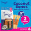 Woof Island Natural Coconut Bones with Chicken Healthy Dog Snacks are shown. The rawhide-free treats display two large bones and highlight 5 Bones, 2 pieces, and a hard chew suitable for medium and large dogs. Brand: Woof Island.