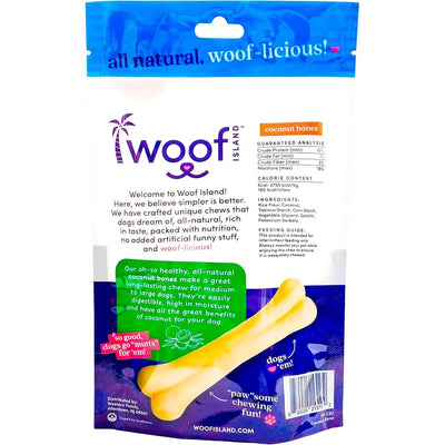 Front packaging of Woof Island Natural Rawhide Free Coconut Dog Bones Healthy Chews 2 pcs features a bone-shaped treat, product details, nutrition facts, feeding instructions, and a colorful design with purple, pink, and teal accents. Brand: Woof Island.