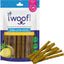 A package of Woof Island Smoked Kalua Pork Rolls Rawhide Free Dog Chews is shown, featuring the Woof Island brand and images of the pork rolls in front of the package.