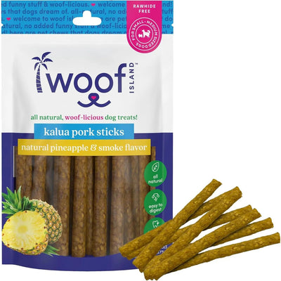 A package of Woof Island Smoked Kalua Pork Rolls Rawhide Free Dog Chews is shown, featuring the Woof Island brand and images of the pork rolls in front of the package.