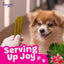 A hand holds several Woof Island Smoked Kalua Pork Rolls Rawhide Free Dog Chews in front of a joyful, fluffy brown dog. Serving Up Joy appears in bold pink letters with a floral accent in the corner.