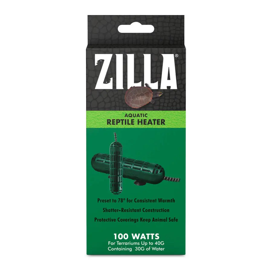 Zilla Aquatic Reptile Heater for Terrariums up to 40 Gallons 100 W box displays the submersible heater, Zilla branding, turtle image, and details on its 100-watt power, shatter-resistant build, and reptile-safe features.