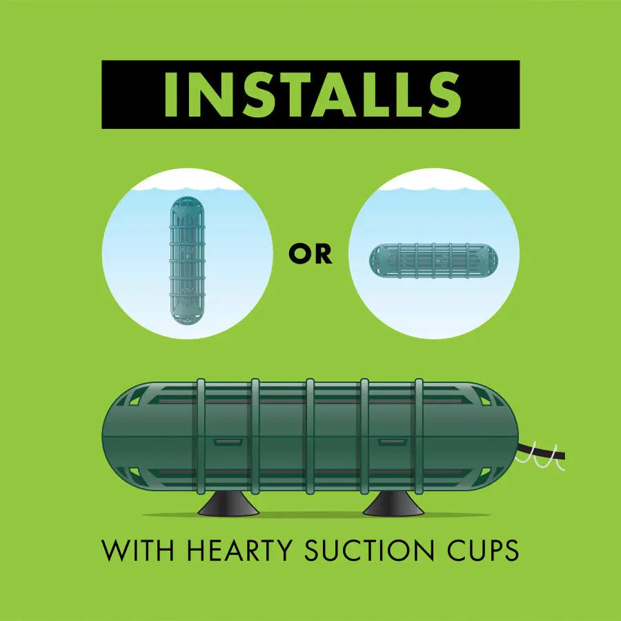 The Zilla Aquatic Reptile Heater, a green cylinder for terrariums up to 40 gallons (100W), is shown upright and sideways. Text notes it installs at the top with sturdy suction cups on the bottom. Insets display the heater in various positions.