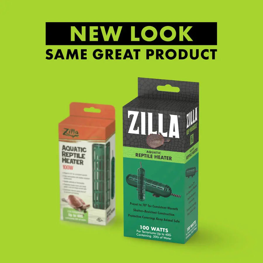 Shown are two boxes of the Zilla Aquatic Reptile Heater for Terrariums up to 40 Gallons, 100W—the old and new designs. NEW LOOK, SAME GREAT PRODUCT: a trusted Zilla submersible heater for your reptile terrarium.