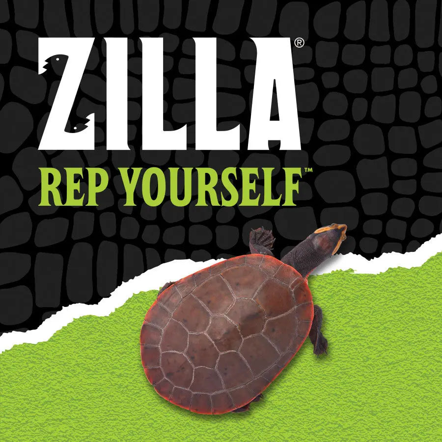 A turtle sits on a green surface below ZILLA REP YOURSELF against a black scale-patterned background, highlighting the Zilla Aquatic Reptile Heater for Terrariums up to 40 Gallons 100 W by Zilla. Perfect for reptile and aquatic setups.