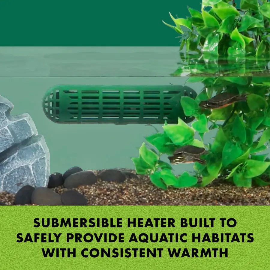 A Zilla Aquatic Reptile Heater (100W) keeps terrariums up to 40 gallons warm for reptiles in aquatic habitats with rocks, plants, and fish.