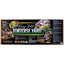 The Zoo Med Laboratories Easy-Fold Tortoise Terrarium Yard packaging shows a tortoise, outdoor enclosure details, setup instructions, usage tips, and a list of suitable tortoise species.