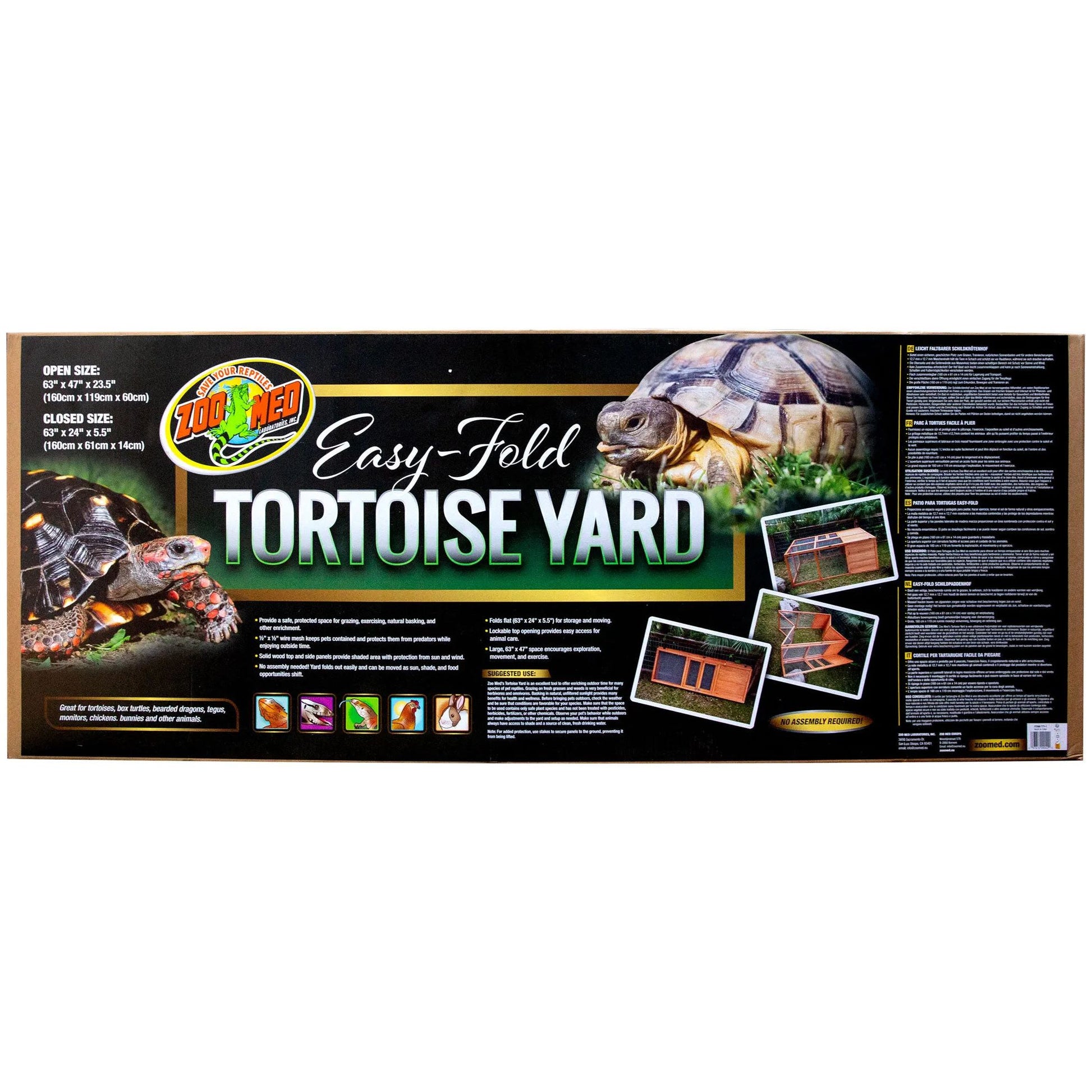The Zoo Med Laboratories Easy-Fold Tortoise Terrarium Yard packaging shows a tortoise, outdoor enclosure details, setup instructions, usage tips, and a list of suitable tortoise species.