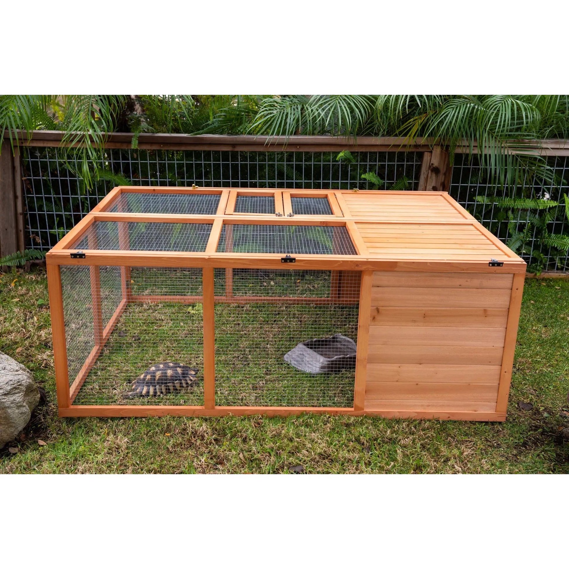 A Zoo Med Laboratories Easy-Fold Tortoise Terrarium Yard with wire mesh sides sits on grass, housing a tortoise and water dish. Green plants and a wooden fence are in the background.