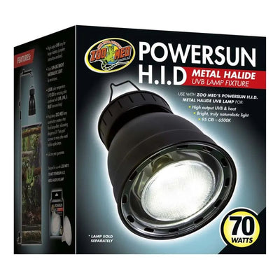 A box of Zoo Med Laboratories PowerSun H.I.D. Metal Halide UVB Bulb & Fixture Combo, showing the lamp image, product info, and a yellow 70 Watts label on the front. The bulb and fixture are sold together.