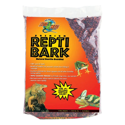 A bag of Zoo Med Laboratories Premium ReptiBark Bedding Substrate Brown, featuring a frog and lizard on the front, packaging highlights its benefits and displays the slogan “The #1 Selling Reptile Bark!”.