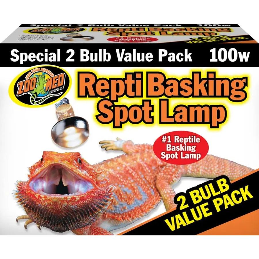 Zoo Med Laboratories Repti Basking Spot Lamp Replacement Bulb, 100w, comes in a box featuring a bearded dragon and bold text: “Double Reflector,” “2 Bulb Value Pack,” and “#1 Reptile Basking Spot Lamp.”.
