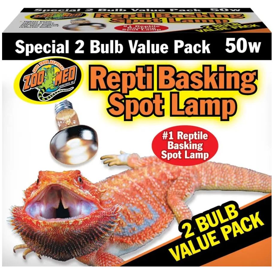Packaging for Zoo Med Laboratories Repti Basking Spot Lamp Replacement Bulb shows a bearded dragon, highlights a double reflector basking light, and advertises a 2-pack value of 50W bulbs for reptiles.